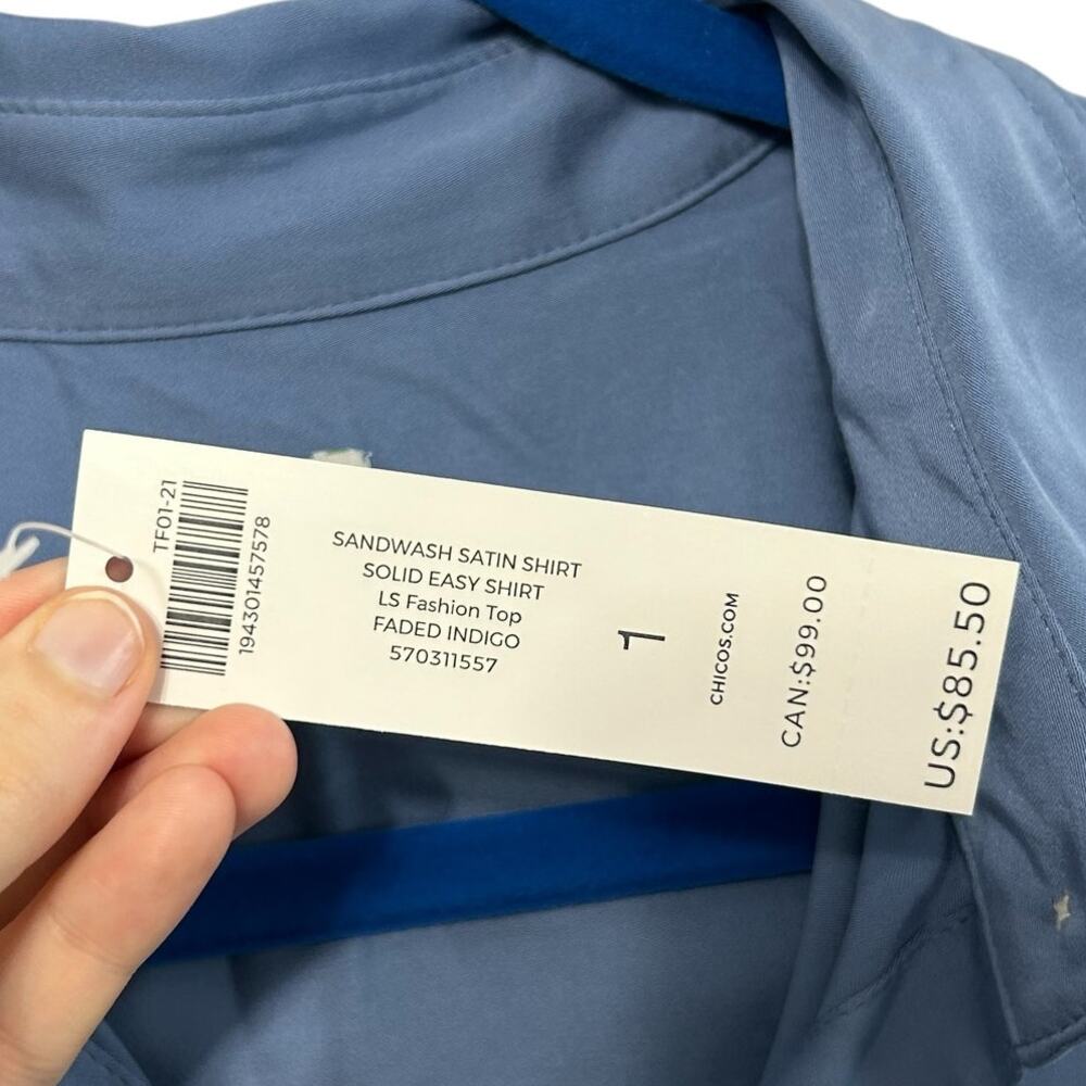 Chico's Sandwashed Satin Easy Shirt NWT Women's Sz 1 (M) Faded Indigo Luxe - Picture 4 of 8